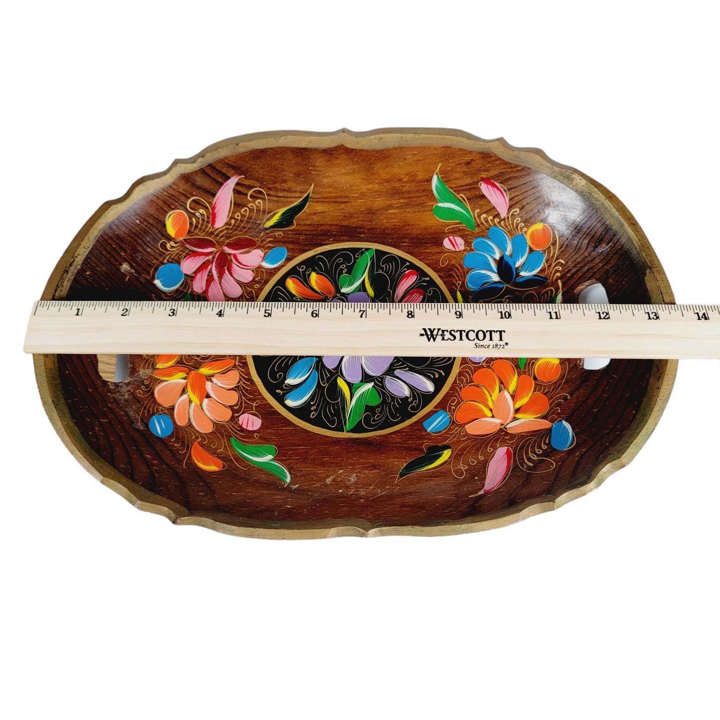 Mexican Folk Art Batea Wooden Tray, Oval Hand painted Floral, Rustic Wooden Tray