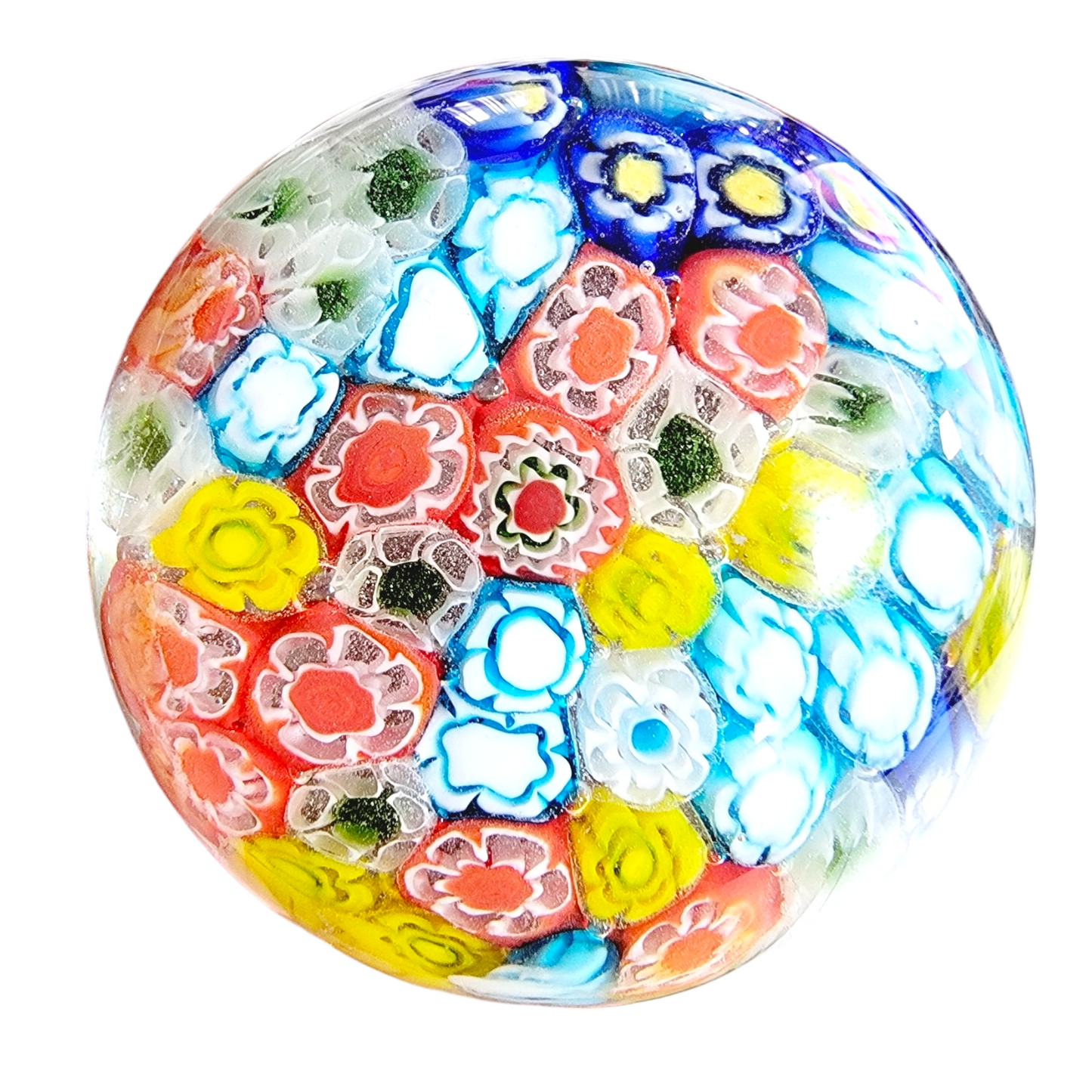 Hand-Blown Art Glass Paperweight, Multicolor Floral Millefiori Style Paperweight