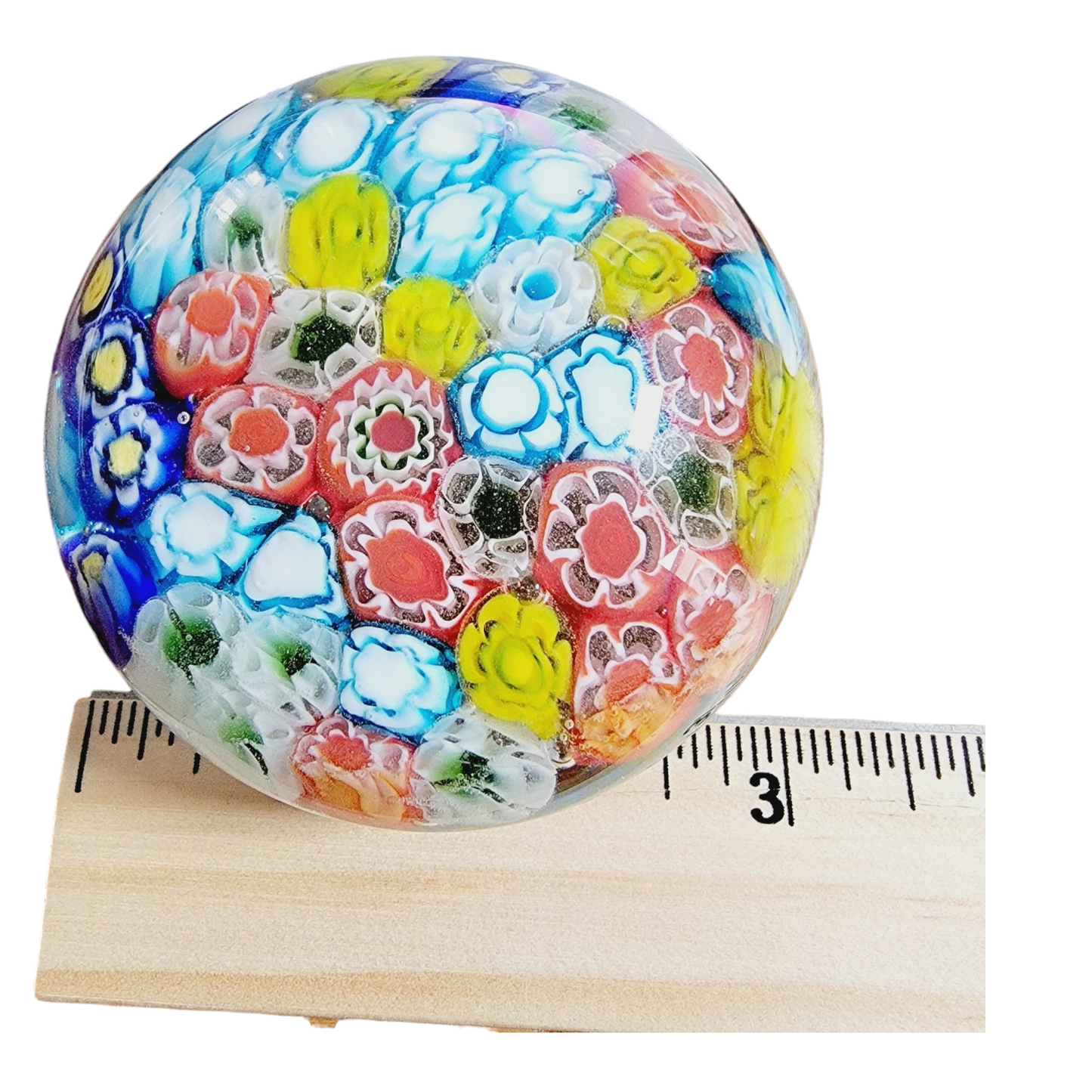 Hand-Blown Art Glass Paperweight, Multicolor Floral Millefiori Style Paperweight