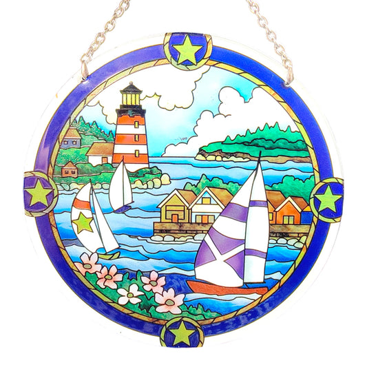 Stain Glass Sailboat Lighthouse Ocean Village Sun Catcher Window Hanging 6.5" D