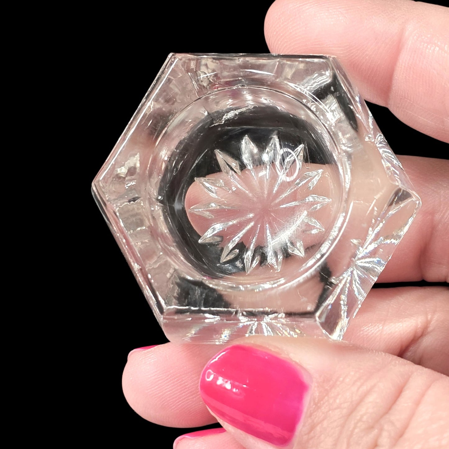 Vintage Clear Glass Salt Cellars Hexagonal Glows Under UV Blacklight Uranium