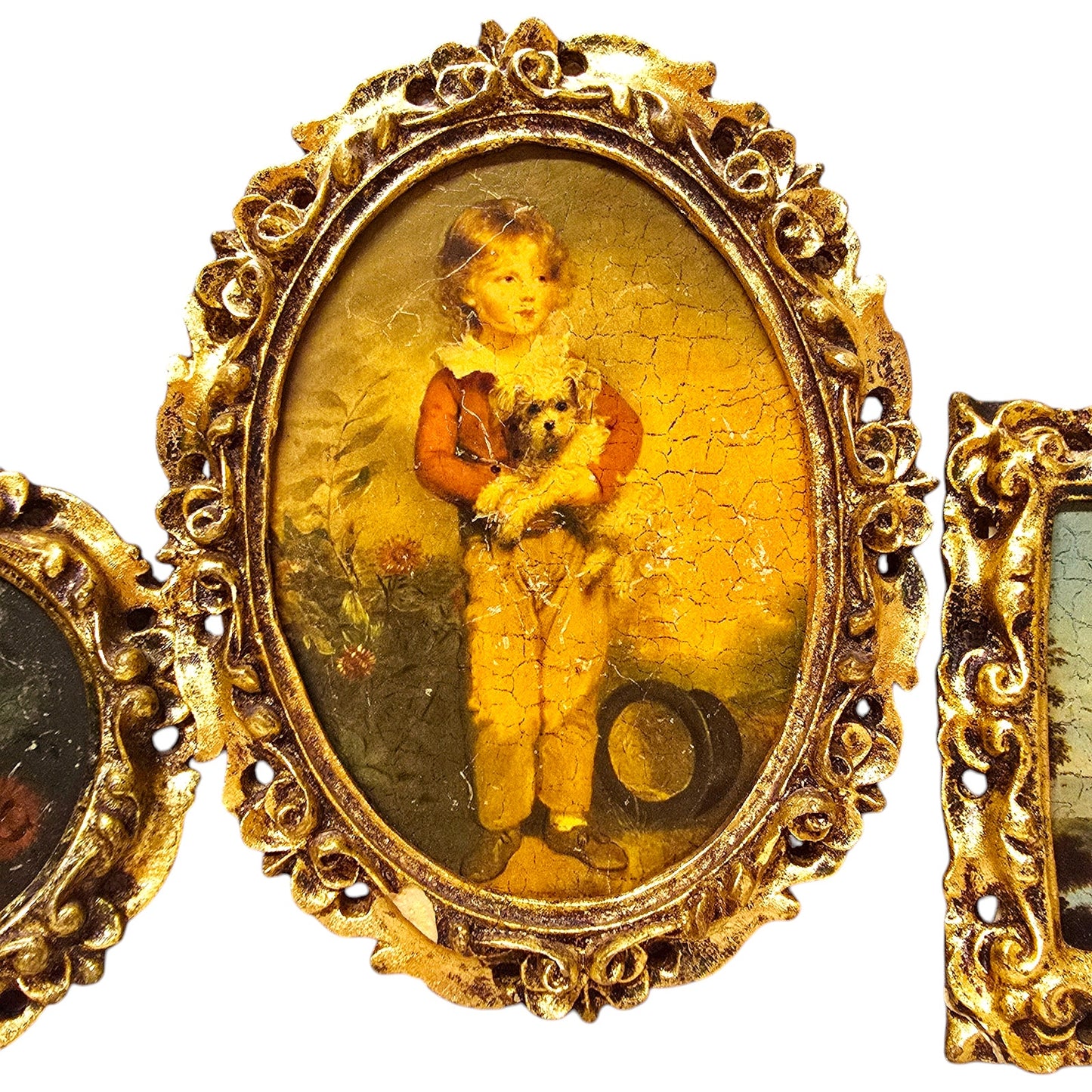 As IS Set of 3 Vtg Italian Ornate Framed Art Repro Gold Frame Boy w/ Dog, Bridge