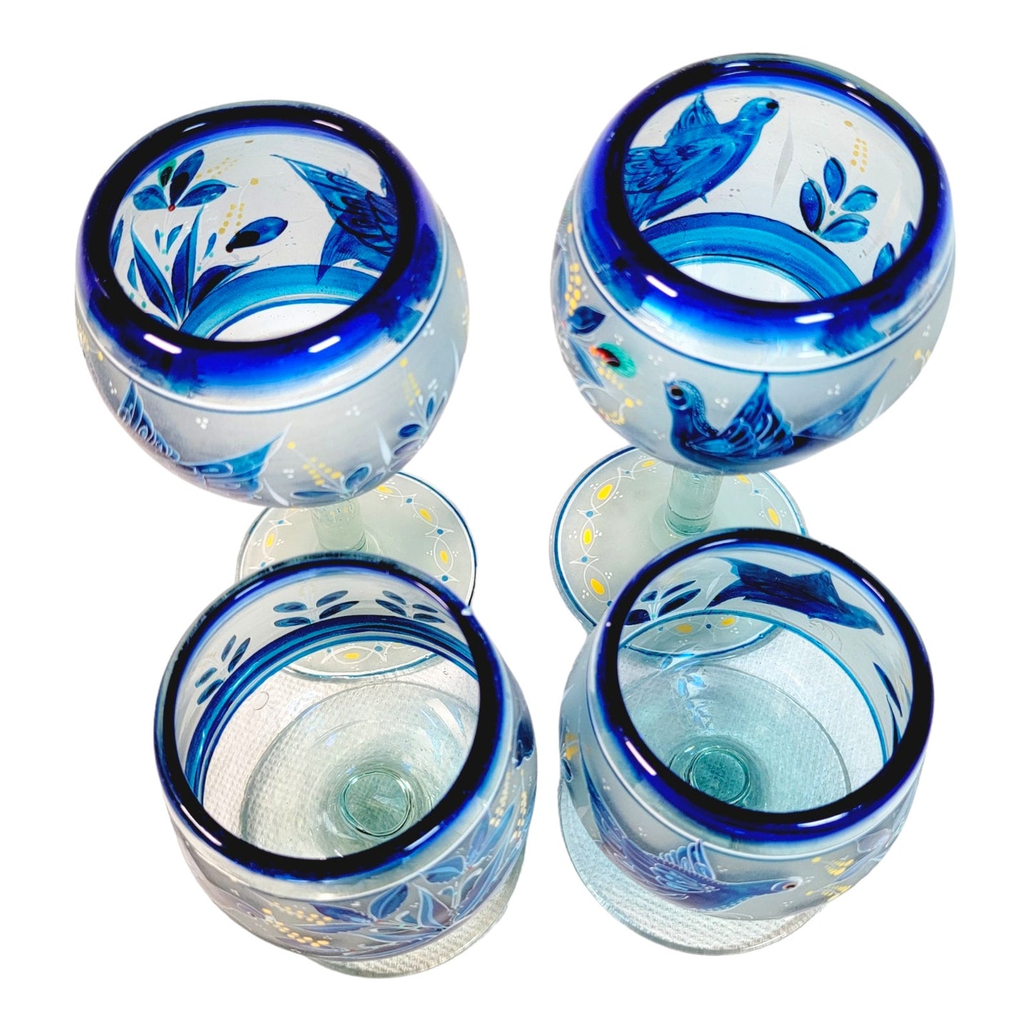 Set of 4 El Palomar Hand-Blown Hand-Painted Dove Bird Wine Glasses Cobalt Blue Rims