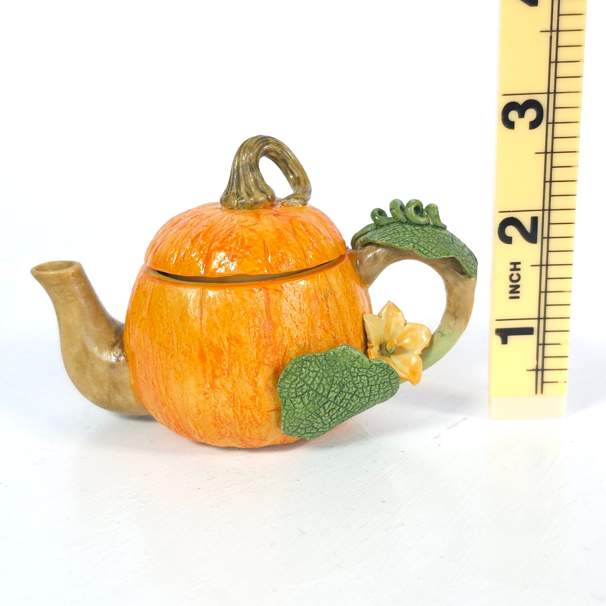 Khien Thailand Miniature Pumpkin Teapot Ceramic Flower Vine Handle Collectible
