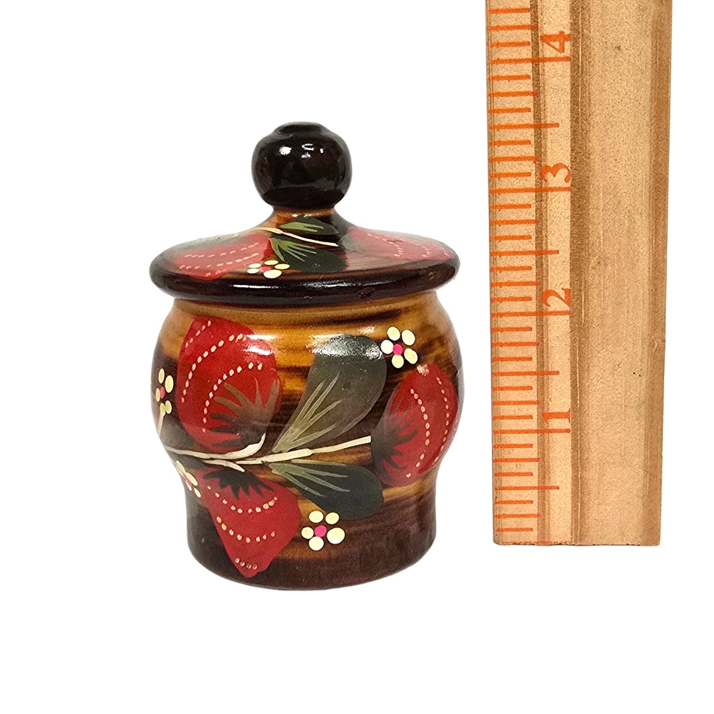 Vtg Hand Painted Strawberry Wooden Lidded Jar Rustic Folk Art Hand Turned 3.5"