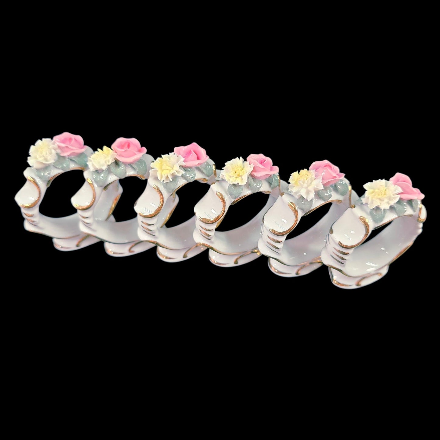 Vintage Set Of Six Dresden Pink Rose Porcelain Napkin Rings
