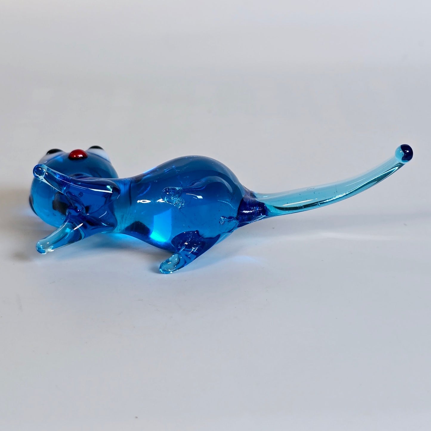 Handblown Blue Art Glass Cat, Laying Down, Blue Stretch Glass Cat