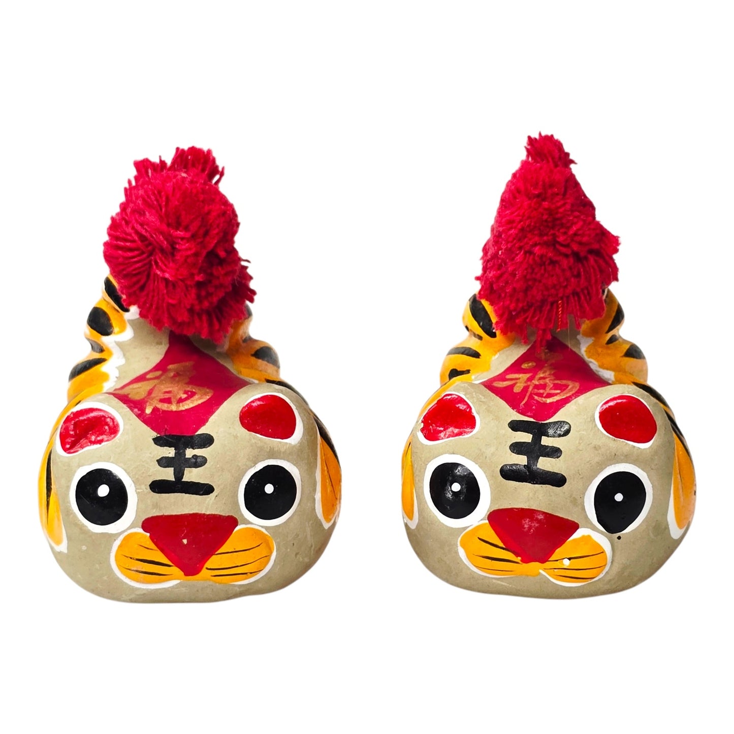 Vintage Chinese Folk Art Clay Tigers Pair Shrimp Body Style Good Luck Fu Wan