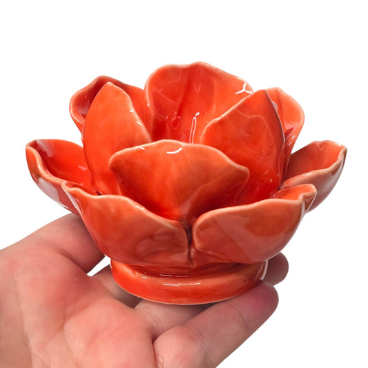 Vintage Poppy Orange Glazed Pottery Lotus Flower Candle Holder Tea Light Artisan
