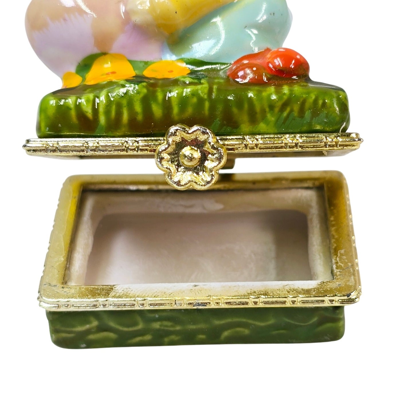 Vintage Easter Bunny Hinged Trinket Box Ceramic Rabbit Rolling Egg Handpainted