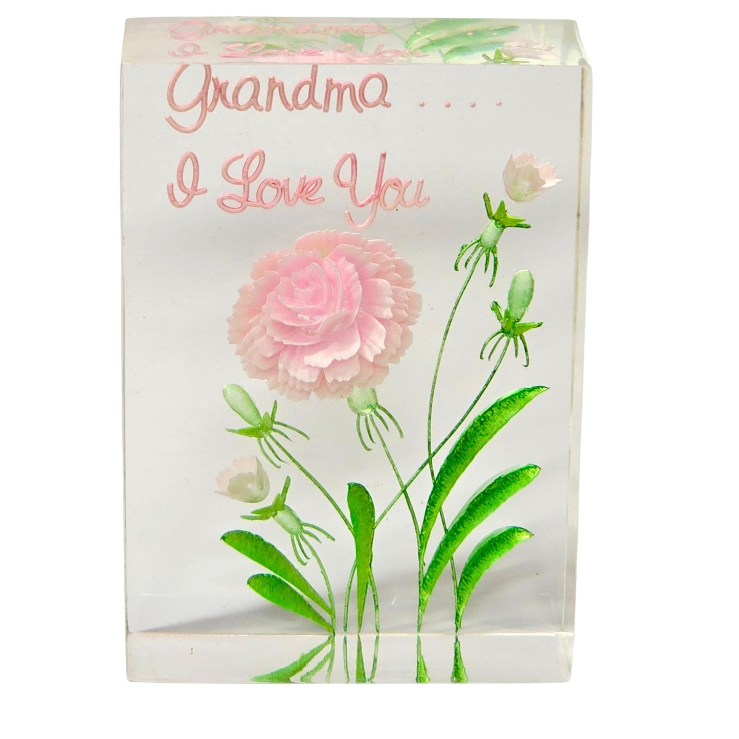 Vintage Lucite Paperweight Pink Carnation Grandma I Love You Flower Acrylic Art nbran
