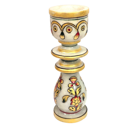 Vintage Indian Meenakari Marble Candle Holder Hand Painted Gold Accents 6"