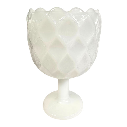 Vintage White Milk Glass Diamond Pattern Pedestal Goblet Vase
