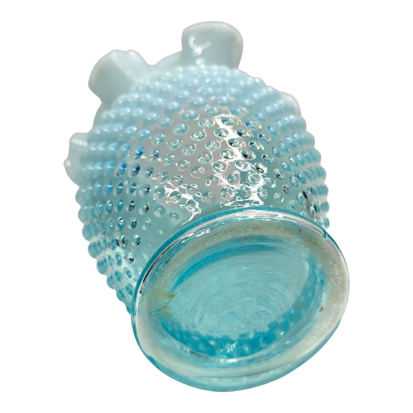 Fenton Aqua Blue Opalescent Hobnail Vase Uranium Reactive Ruffled Top Art Glass