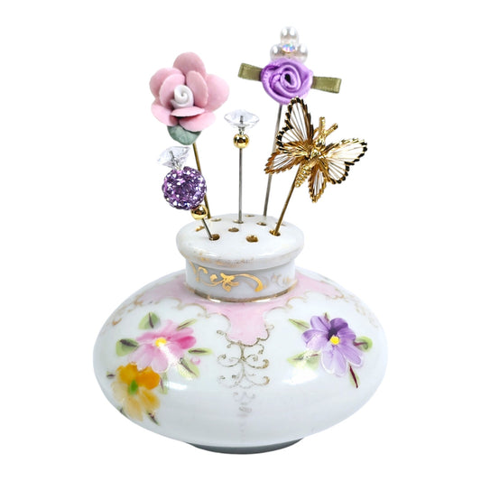 Vtg Floral Hand-Painted Powder Shaker with 5 Display Pins, Pink & Purple Flowers