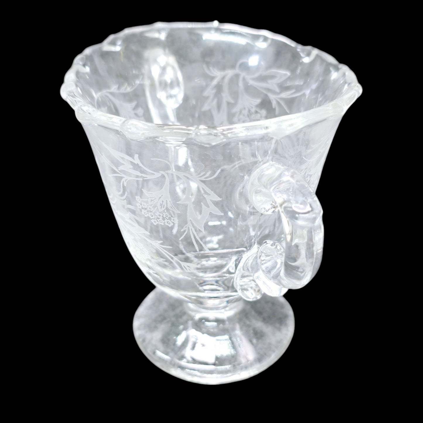 Vtg Fostoria Heather Glass Sugar Jar w/ Handles Baroque Style Floral Leaf Pattern