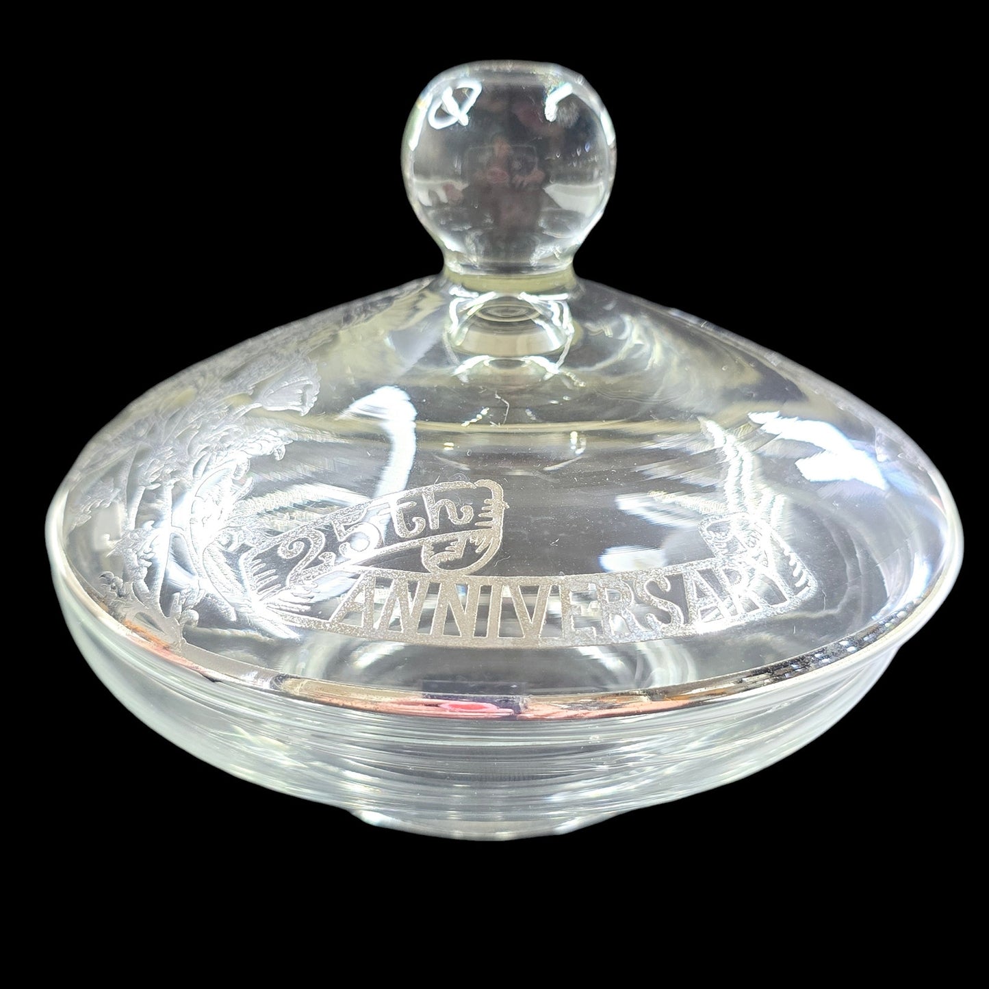 Vintage 25th Anniversary Lidded Glass Bowl with Silver Overlay