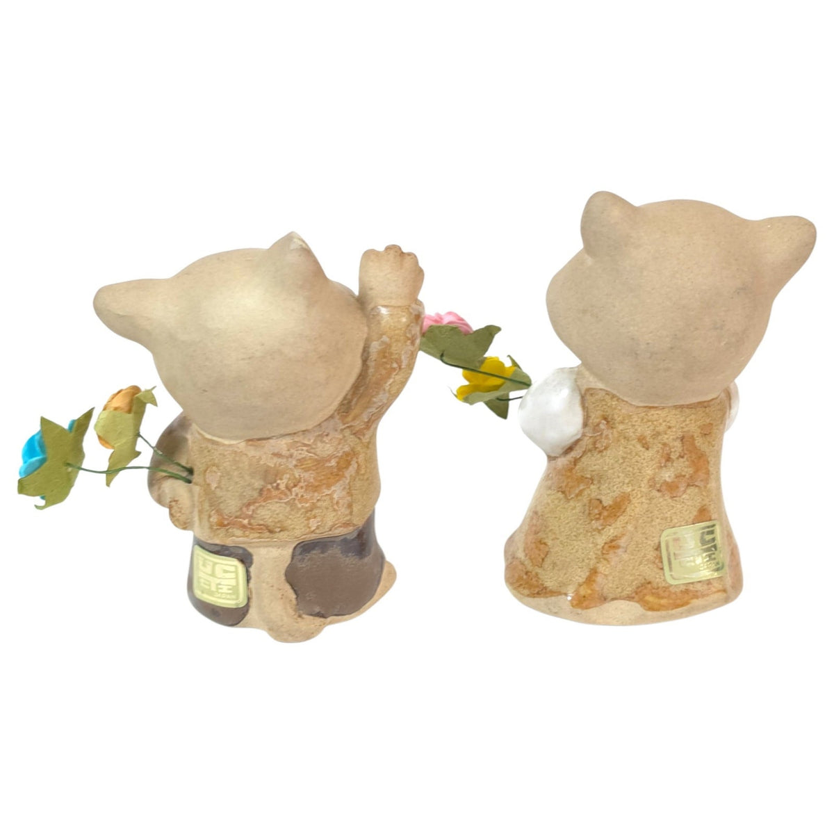 Vintage UCTCI Japan Cat Figurines Pair Boy Girl Flower Holders Speckled Pottery