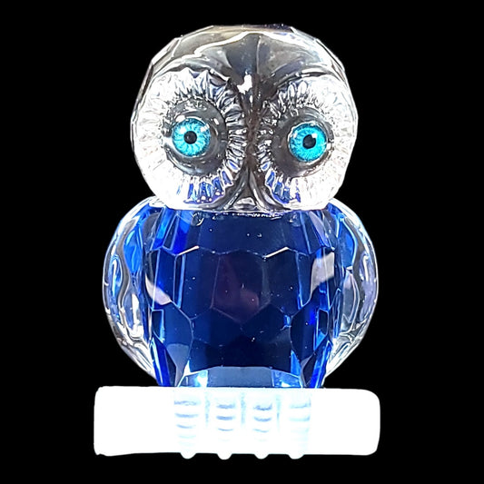 Faceted Crystal Owl on Perch Figurine, Blue and Clear Glass