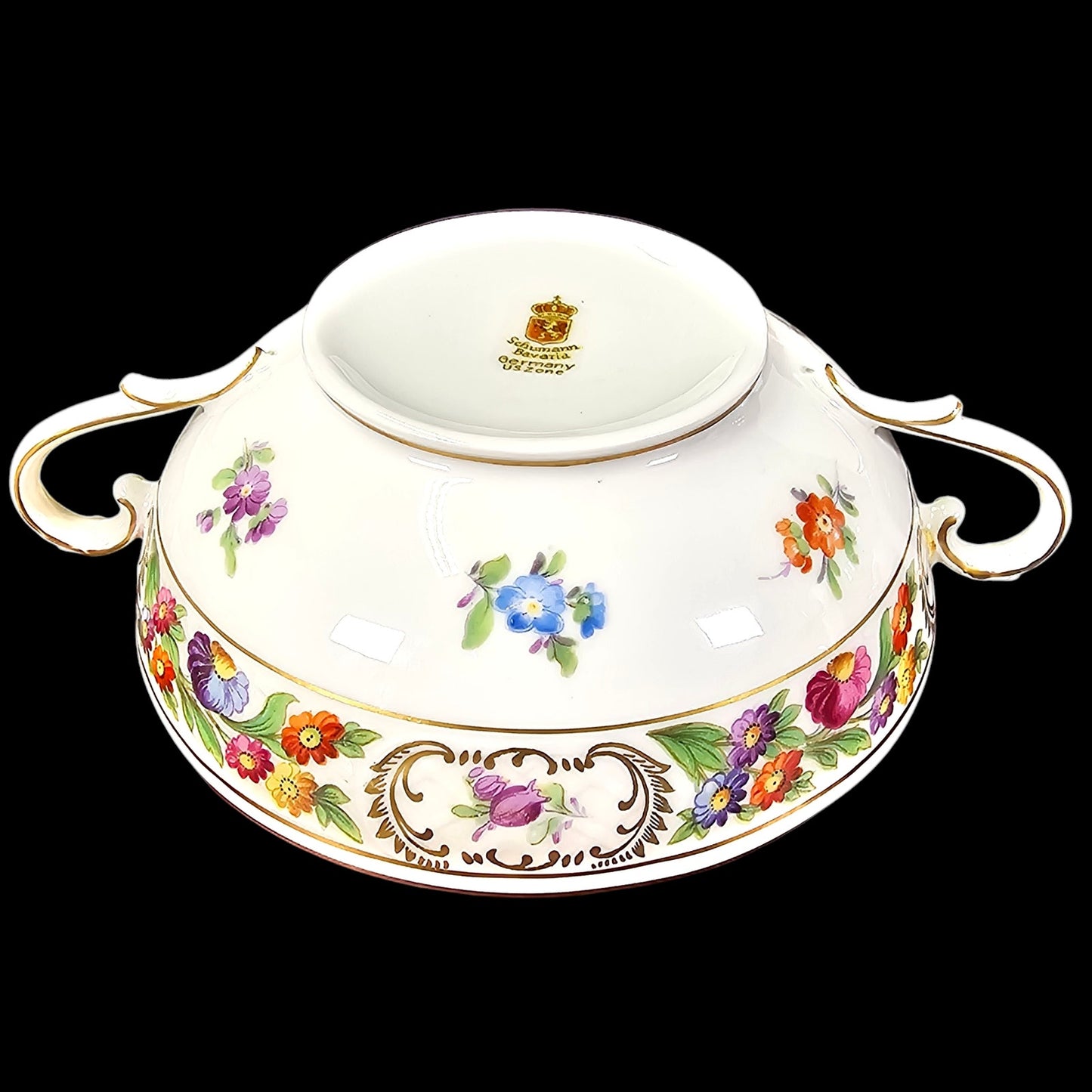 Schumann Bavaria Dresden Floral Double-Handle Bowl, Germany, 6.5" W