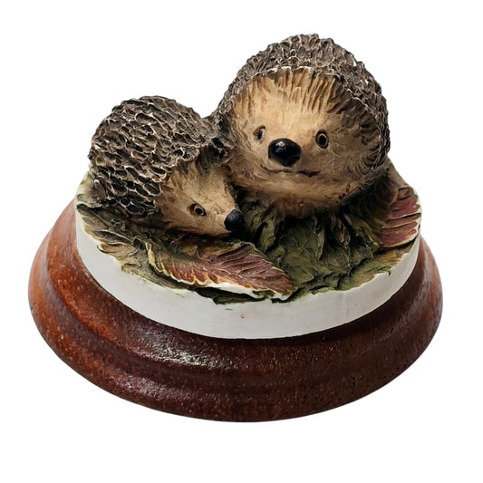 Cute Cuddly Tiny Hedgehogs Figurine on Wood Base, 1.5" w