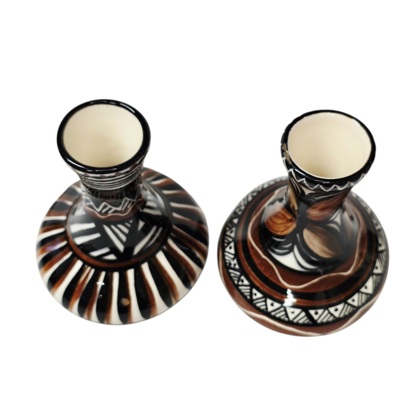 Pohaku Style Hawaiian Pottery Bud Vases Pair Hand Painted Tiki Polynesian