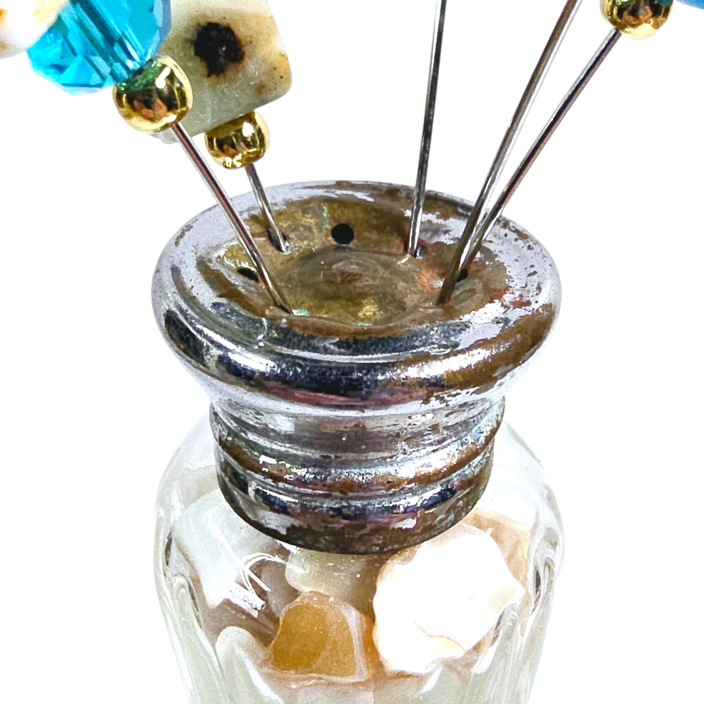 Tall Ornate Glass Salt Shaker Pin Display with Shell Fill and 5 Hand-Made Pins