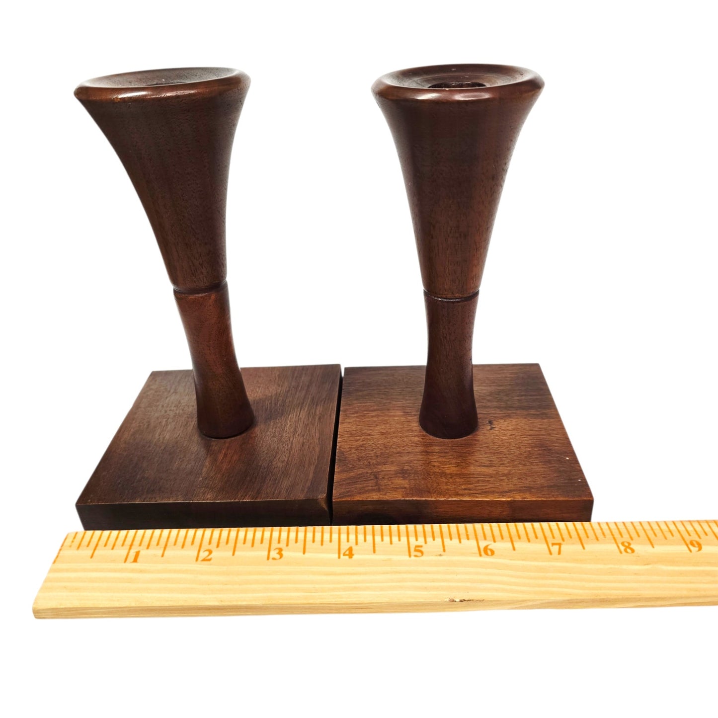 Danish Modern Style Walnut Wood Candlestick Holders - Hand Turned Pedestal Pair