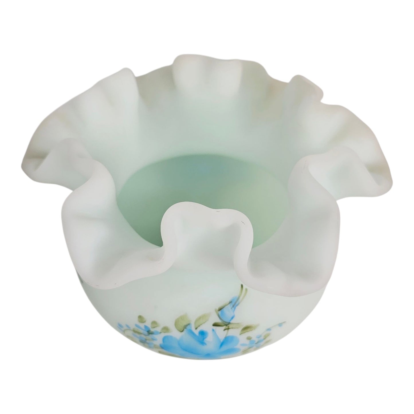 Fenton Blue Roses on Blue Satin Glass Rose Bowl - Signed