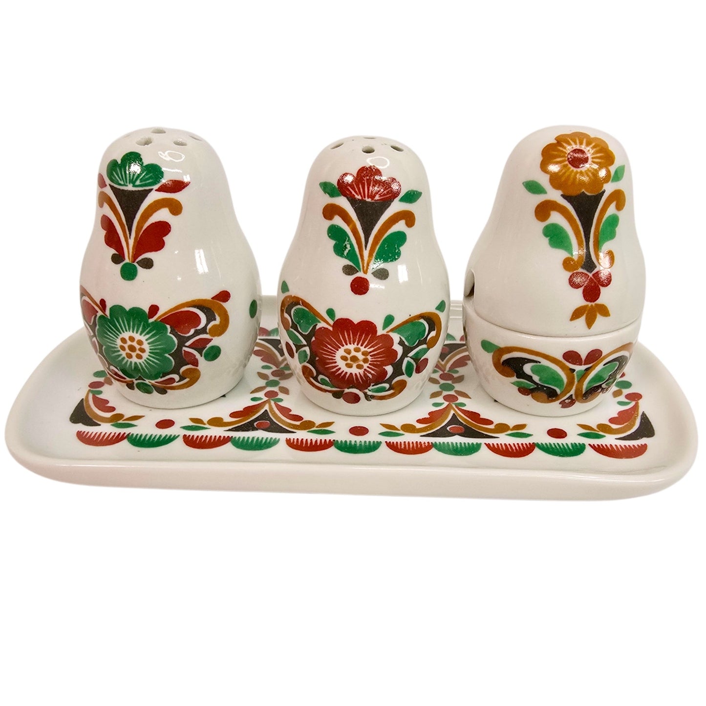 Gardner Verbilki Russian Porcelain Matryoshka Condiment Set Salt Pepper Mustard