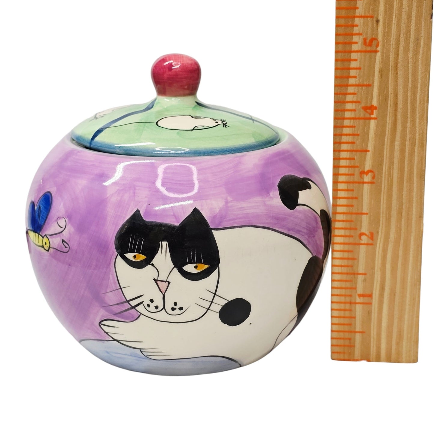 Vintage Kitsch Black Cat and Mouse Ceramic Canister - Purple Floral