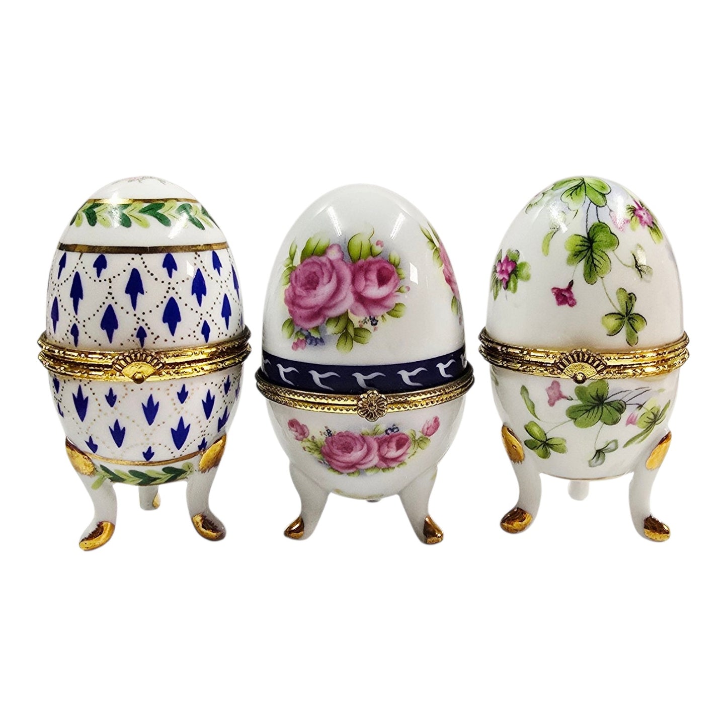 Set of 3 Vintage Porcelain Footed Egg Trinket Boxes Hinged Floral Tripod Base