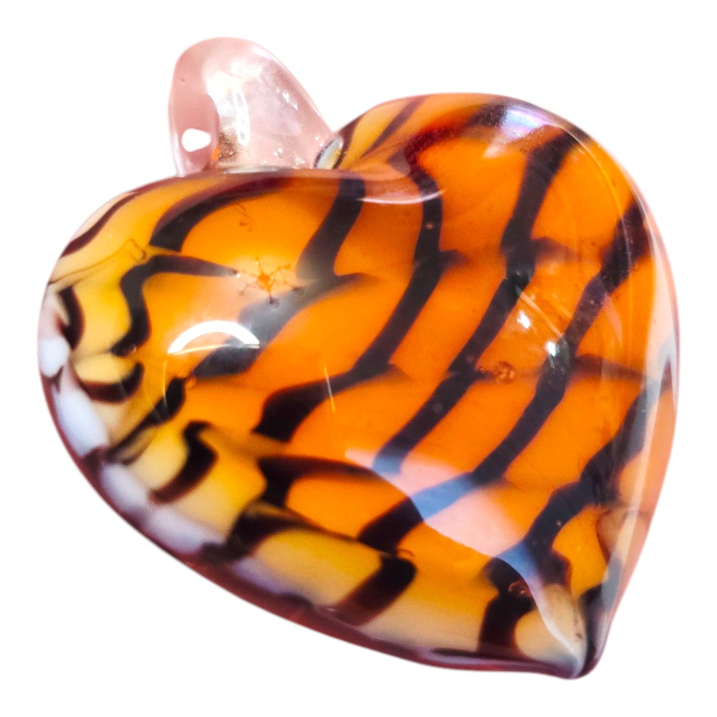 * Vintage Venetian Art Glass Heart Pendant Tiger Stripe Puffy Heart