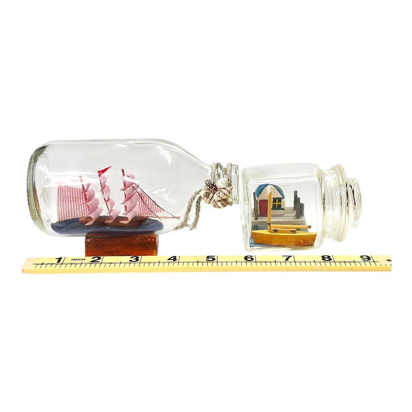 Lot 2 Ship in Bottle Nautical Sailboat House Scene Miniatures Glass Jar Decor