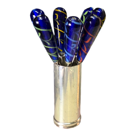 Set of 7 Hand-Blown Glass Appetizer Picks / Forks with Silver Tone Holder