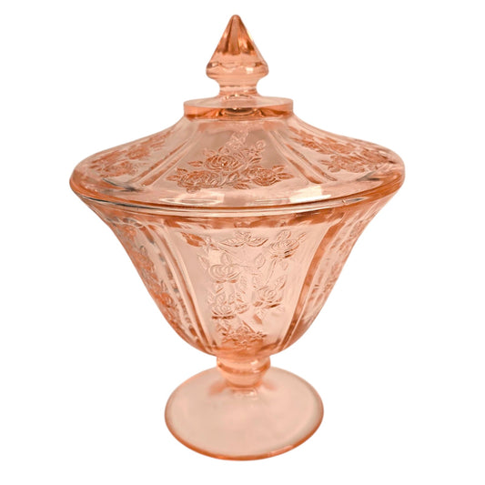 Vintage Sharon Pink Rose Lidded Compote Federal Glass, Pink Depression Glass