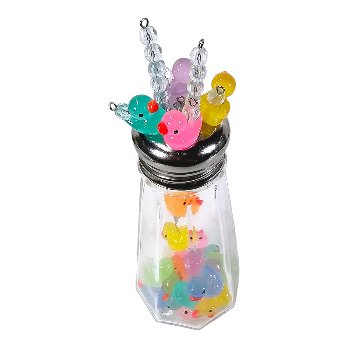 Glowy Ducks Salt Shaker Display Art Piece, Glowy Ducks in Glass Shaker Jar, 6" H with Pins