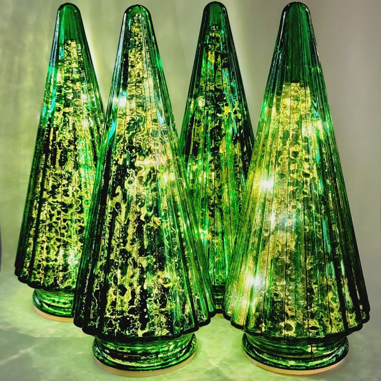 Set of 4 Mercury Glass 8" Light Up Green Christmas Trees, Battery Operated