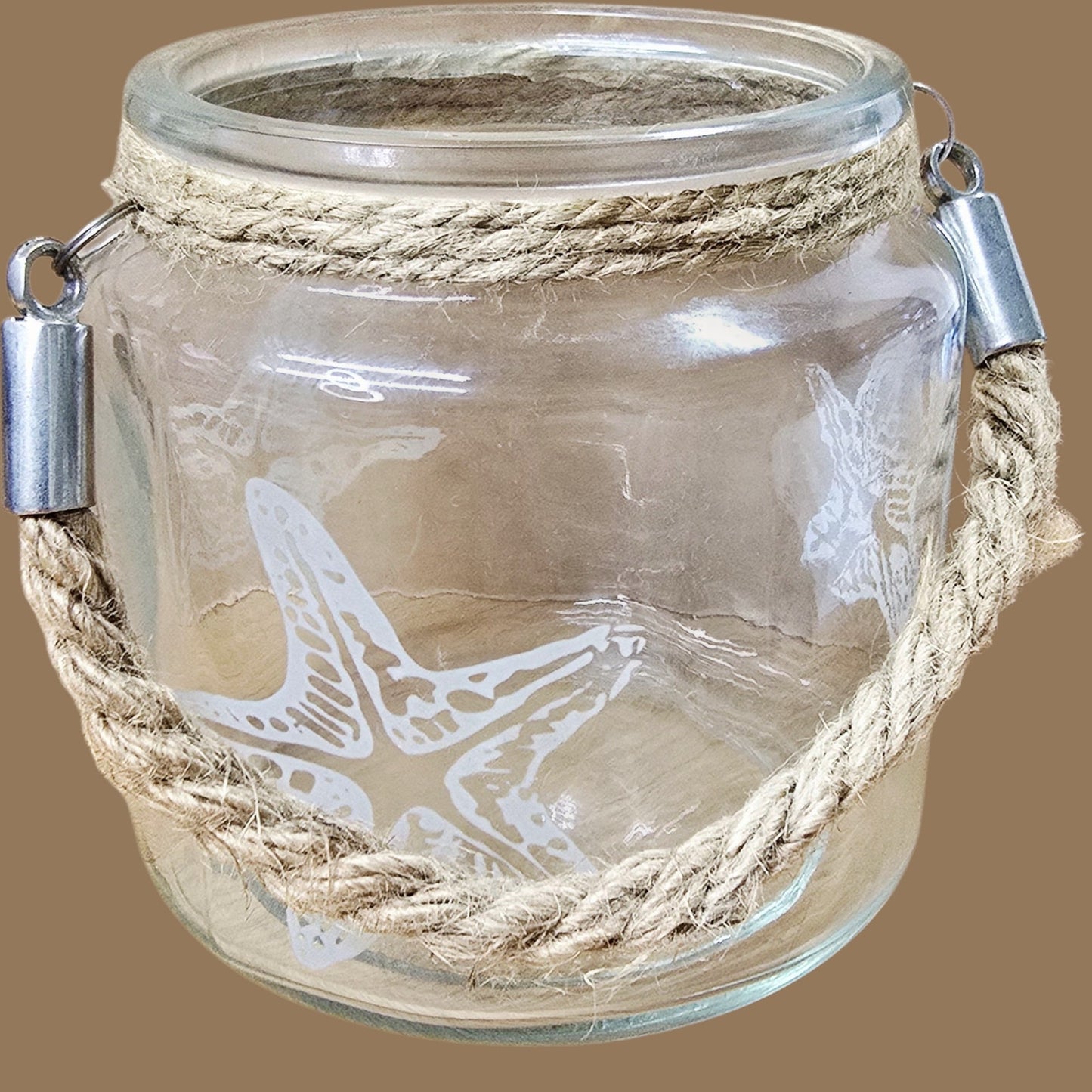Coastal Hanging Etched Glass Starfish Tealight Candle Holder Nautical Rope Votive Jar