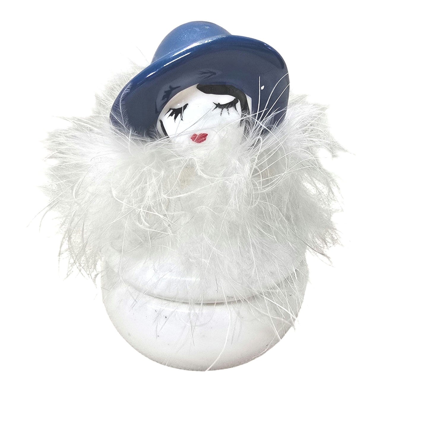 Vintage I.W. Rice Flapper Girl Powder Jar Trinket Box  in White and Blue, Read