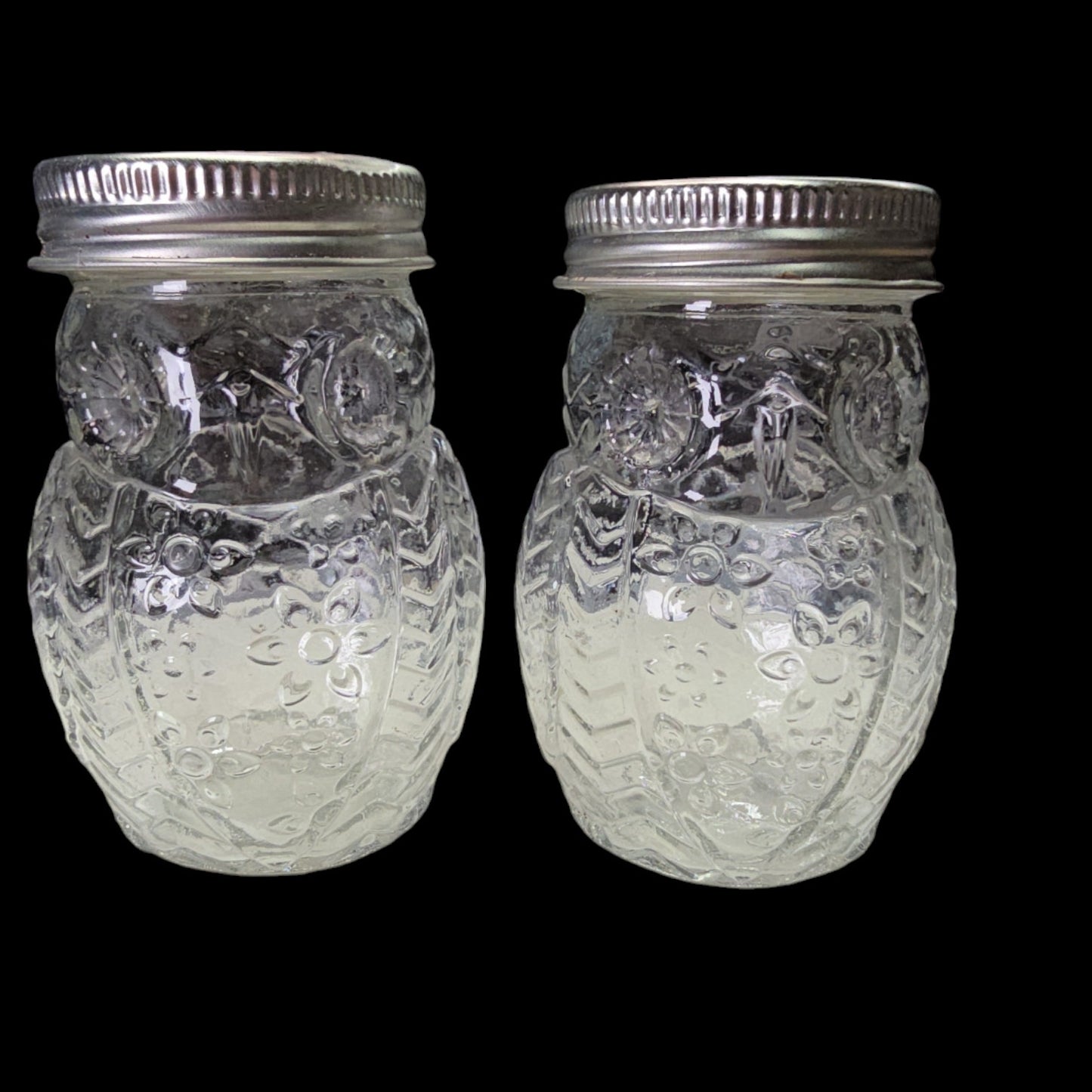 Set of 2 Glass Owl Shakers with Silver Tone Metal Lids, Embossed Floral Pattern