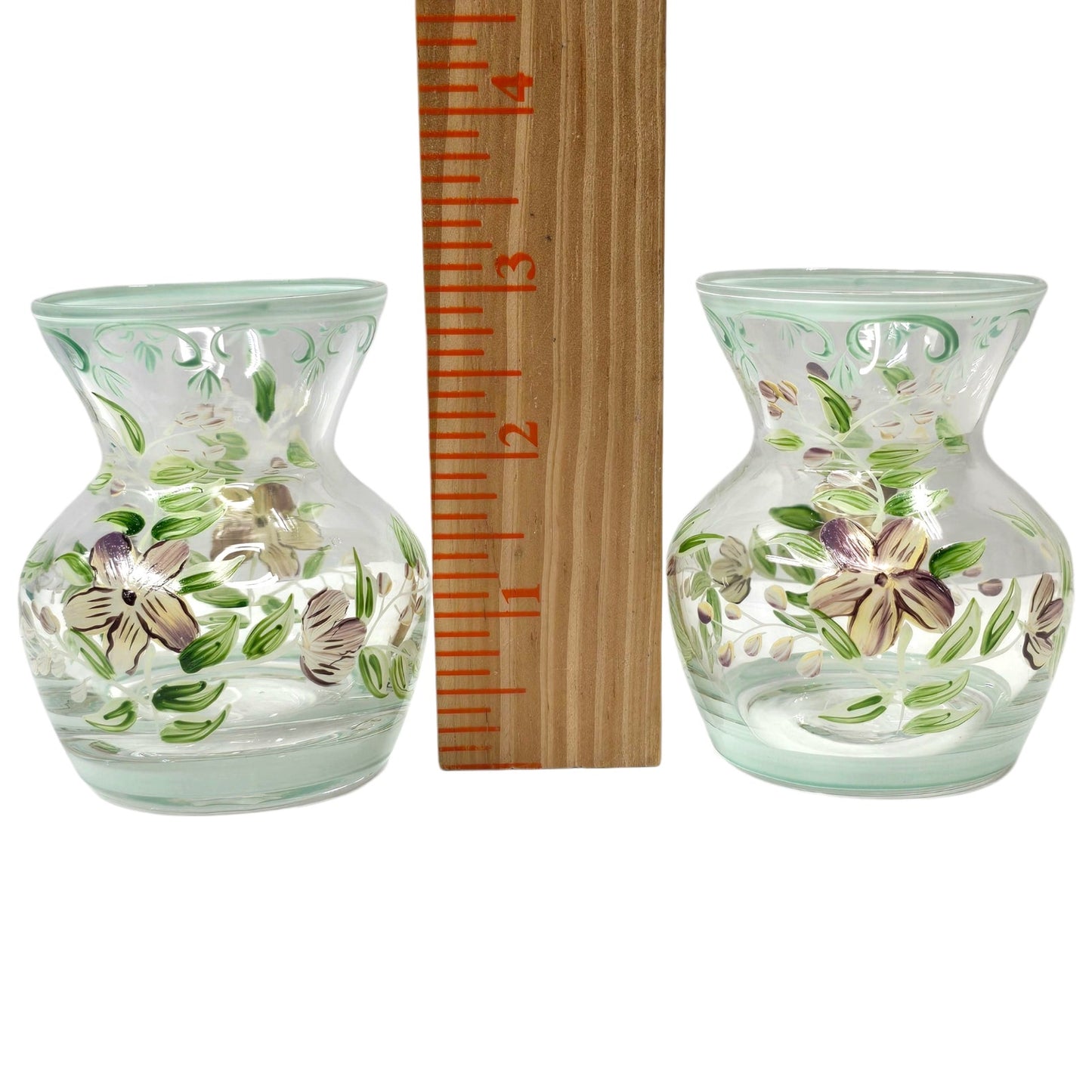 Vtg Hand Painted Floral Glass Vases Lot of 2 Clear Green Trim Small Bud