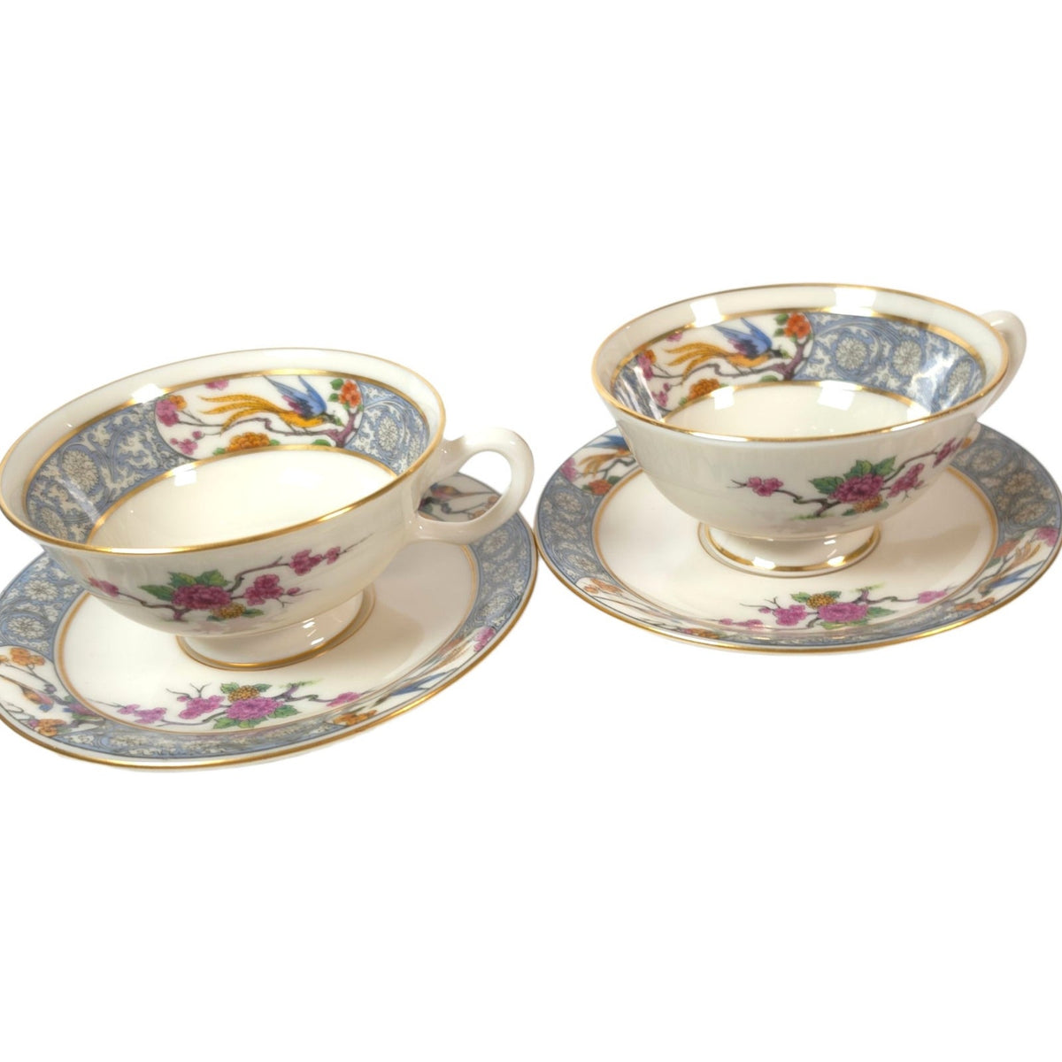 Vintage Lenox Ming P-16 Footed Teacups & Saucers Set of 2 Bird Floral Gold USA