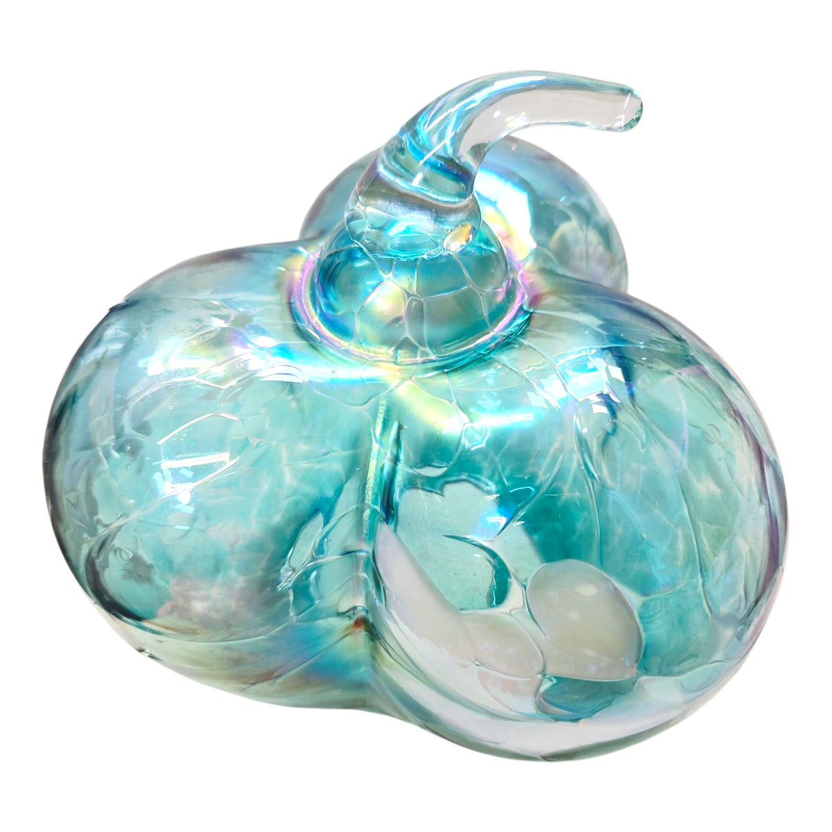 Iridescent Aqua Blue Art Glass Pumpkin White Swirl Sculptural Decor 8"