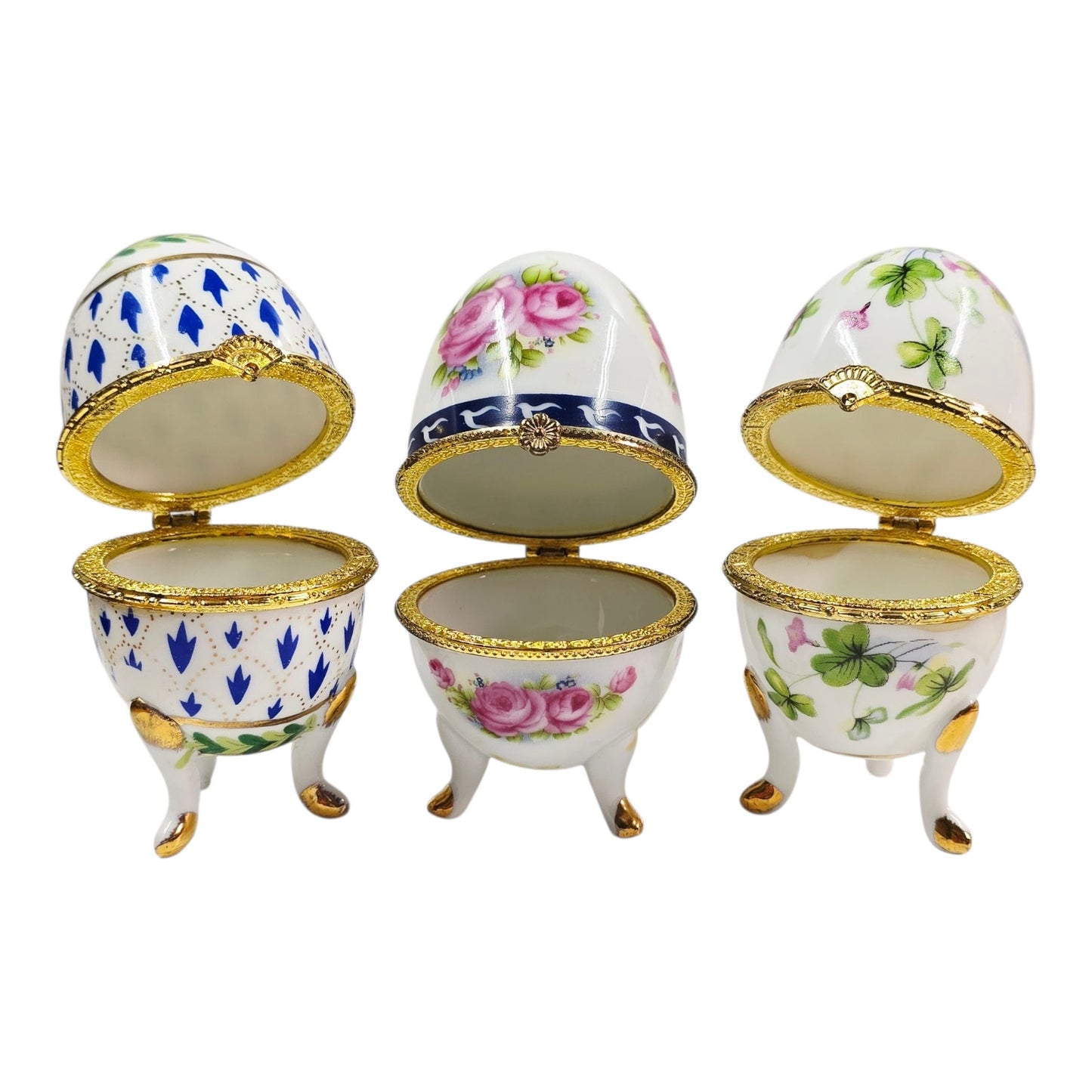 Set of 3 Vintage Porcelain Footed Egg Trinket Boxes Hinged Floral Tripod Base