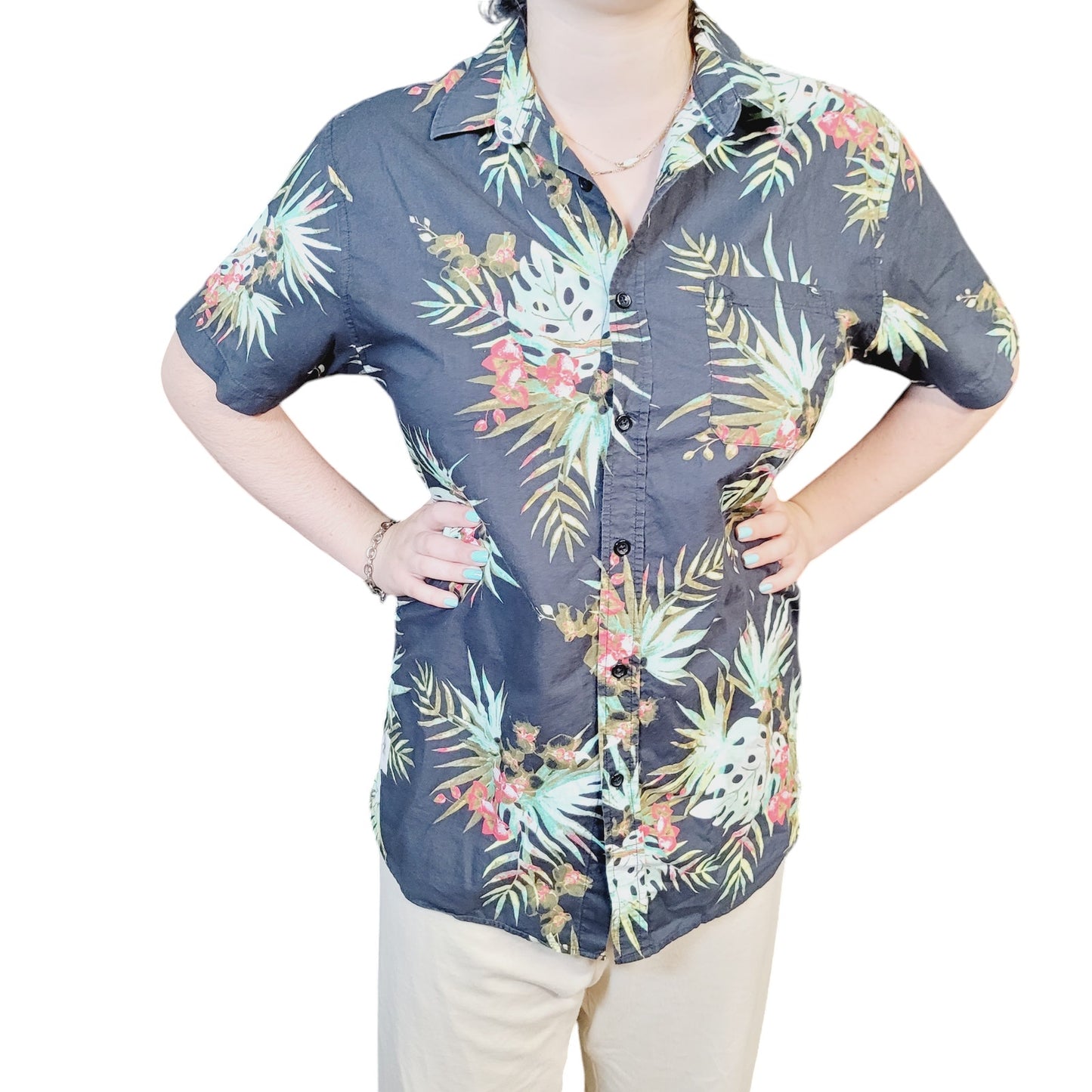 Rip Curl Black Hawaiian Floral Short Sleeve Button-Up Shirt, Size M