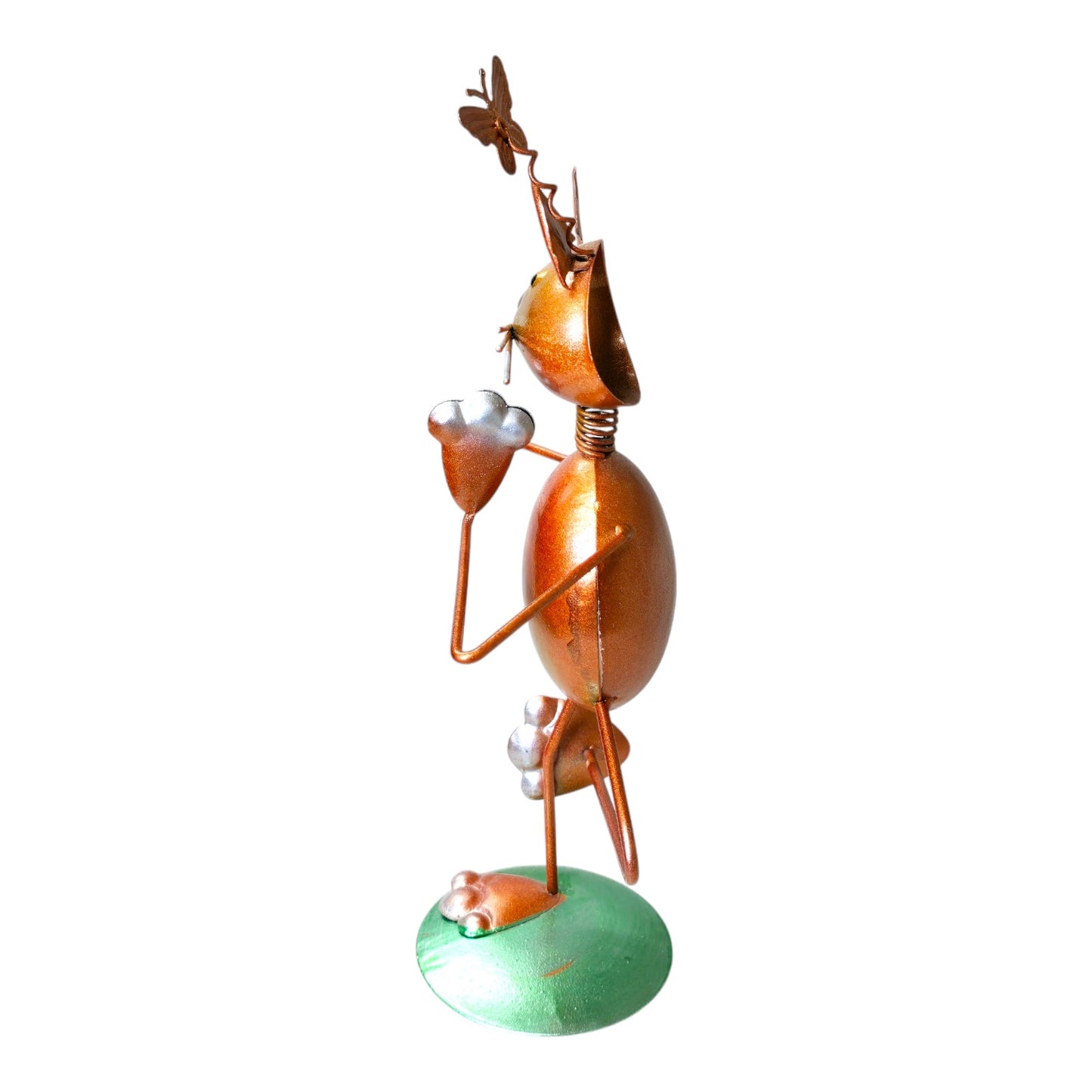 Metal Yoga Cat Sculpture, Orange Painted Metal Yoga Cat in Tree Pose with Butterfly