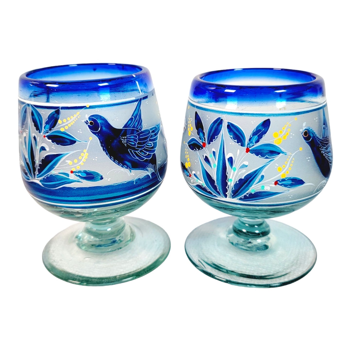 Set of 4 El Palomar Hand-Blown Hand-Painted Dove Bird Wine Glasses Cobalt Blue Rims