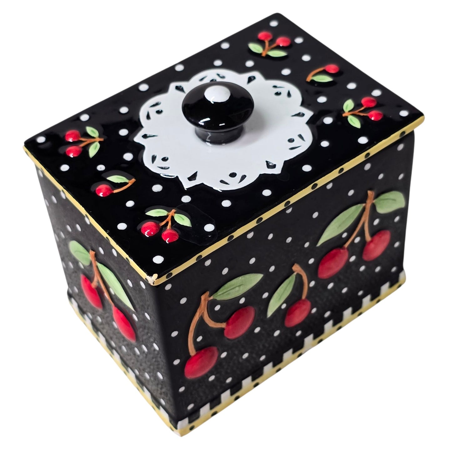 Vintage 2002 Rare Mary Engelbreit Small Cherries Ceramic Candy Box With Nob Top