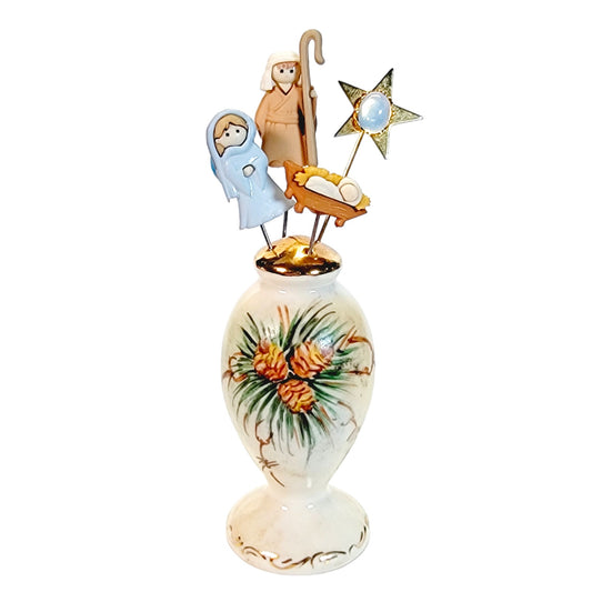 Nativity, Holy Family in Pine Cone Theme Shaker Display with 4 Pins